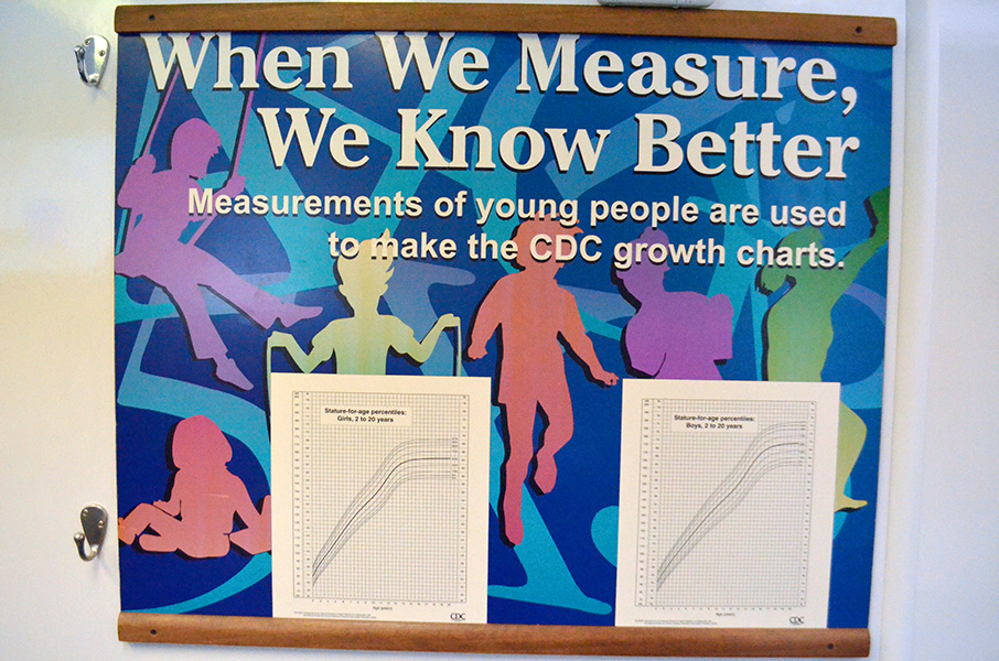 Photo of pediatric growth charts below a sign that reads: When We Measure, We Know Better. Measurements of young people are used to make the CDC growth charts.