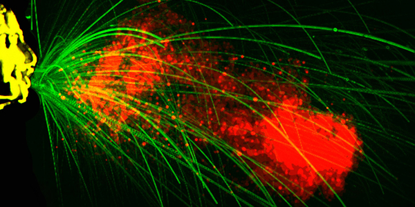 A falsely colored image combines a time-lapse image of the trajectory of larger droplets and the still image showing the distribution of a diffuse gas cloud of saliva and mucus. Most of the larger dro