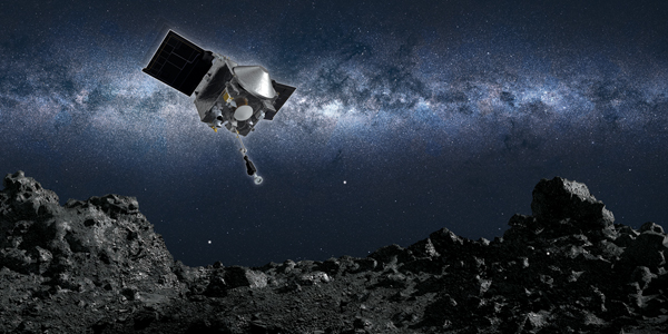 Artist’s conception of the spacecraft flying above a boulder-rich mountain on the asteroid Bennu.
