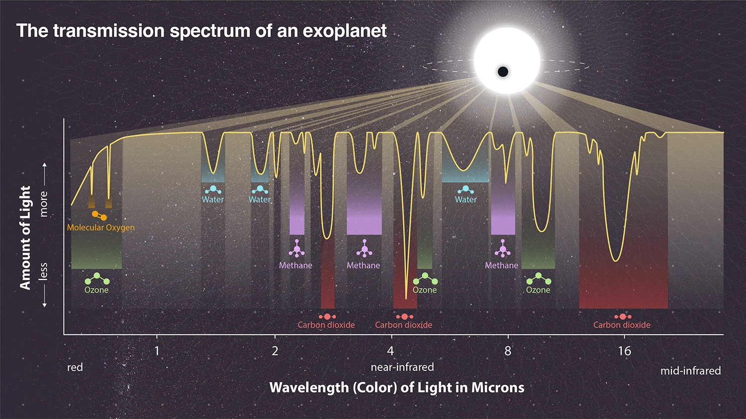 Graphic shows the peaks and valleys that represent various molecules in the transmsiion spectrum of a hypothetical Earth-like exoplanet.