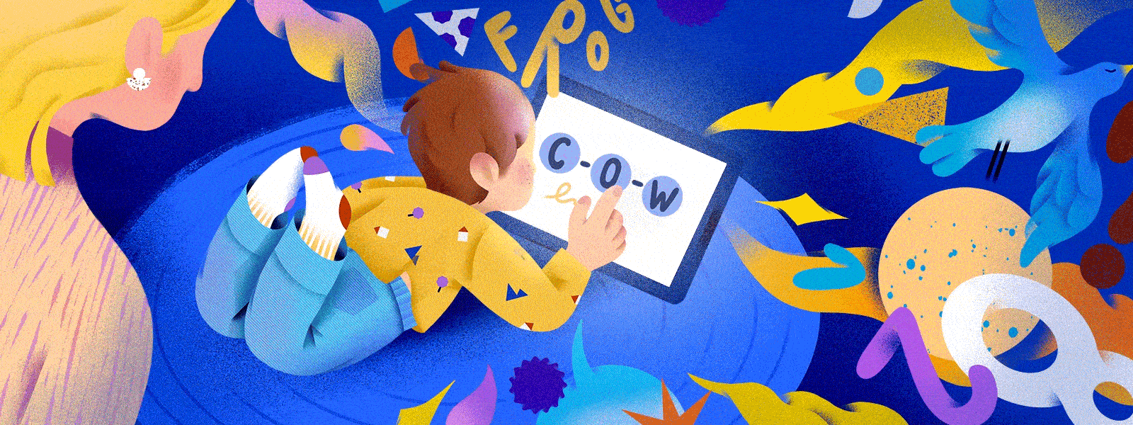 A conceptual illustration with animation shows a child staring at a screen surrounded by numbers, letters and pictures. A cow, musical notes and the words “Moo! Moo!” pop out of the screen as he touch