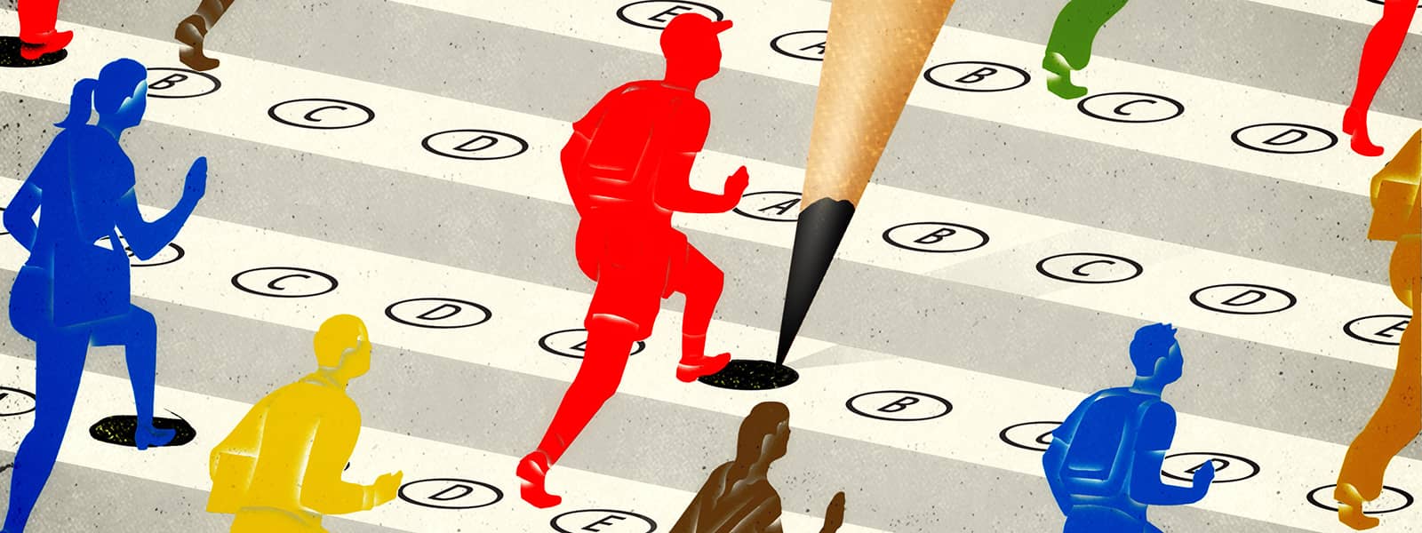 Illustration shows students running on a multiple-choice answer form as a giant pencil looms above