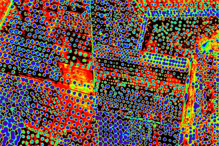 A aerial view of olive groves using hyperspectral imaging shows many round blobs colored blue and green, as well as land colored in swirls of red, yellow and brown.