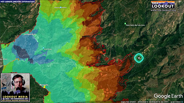 A rainbow colored map of the Mosquito Fire overlaid on a topological map; Lunder, a white man with glasses, is visible in the corner of the screenshot.