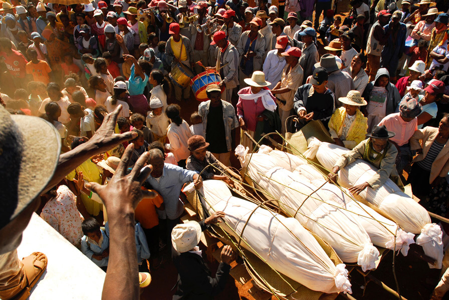 Photograph of a crowd of people celebrating. The crowd is gathered around a number of bodies wrapped in white linen.