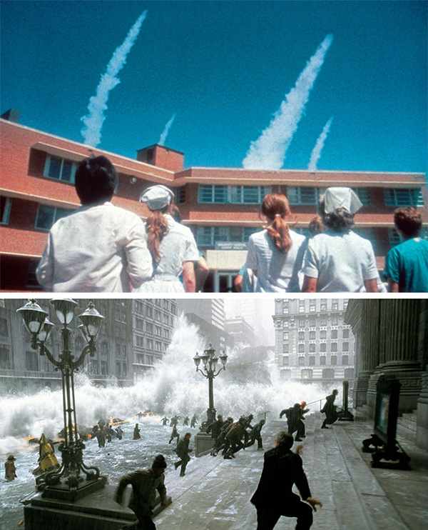 Photograph of two movie stills. The top one shows people in white coats, presumably nurses or doctors, in front of a building, staring upward as four missiles launch into the sky. In the bottom still, people run in panic as a cataclysmic flood thunders down a city street.