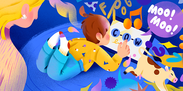A conceptual illustration with animation shows a child staring at a screen surrounded by numbers, letters and pictures. A cow, musical notes and the words “Moo! Moo!” pop out of the screen as he touch