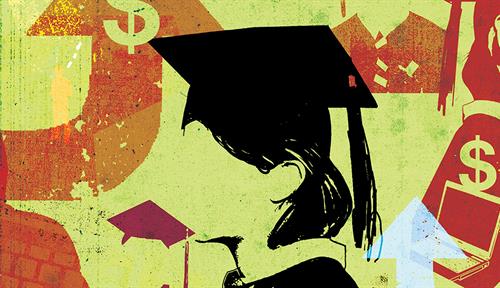 Abstract illustration representing rising student debt, showing graduates in cap-and-gown attire, a laptop and dollar signs.