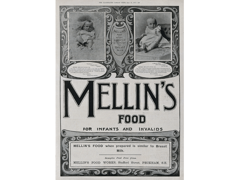 Historical image of an early advertisement for a product called Mellin’s Food for infants and invalids. It features a photograph of two babies and text declaring that “Mellin’s Food when prepared is similar to Breast Milk.”