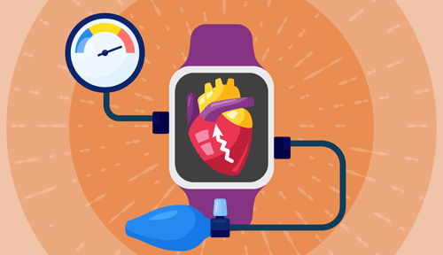 Ilustración de un reloj inteligente con una imagen de un corazón en la pantalla. Del lado derecho del reloj sale un cable con la bomba de aire de un tensiómetro manual tradicional, a la izquierda sale un cable con el indicador de presión arterial.