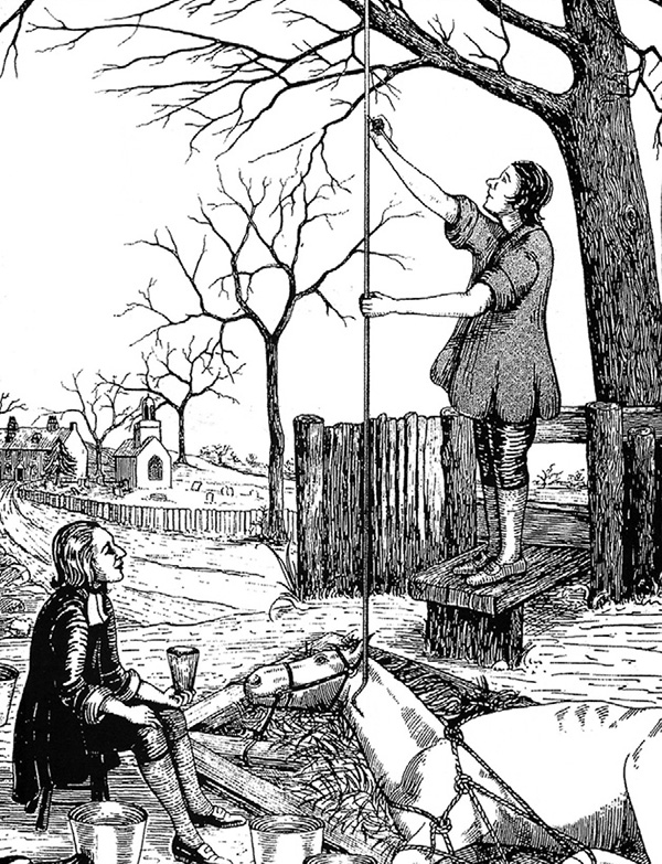 Black and white illustration of Stephen Hales, an English clergyman, measuring blood pressure by inserting a glass tube into a mare’s artery. The illustration shows a man on a bench, holding the glass tube, a mare lying on the ground, and another man sitting and watching. In the background are trees, a road and houses.