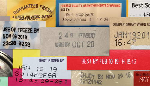 An image of the many wordings used in food expiration labels, such as “Enjoy by,” “Use by” and even “Simply great when used by.” But these labels are only rough guides to when foods are no good.