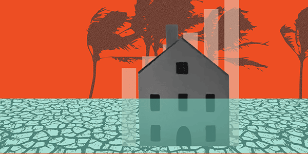 Illustration of a house in front of palm trees; the ground is parched and teal, and the sky is orange