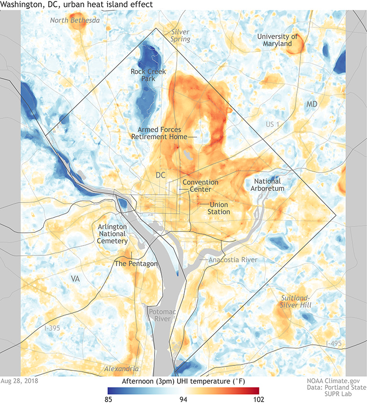A blue and orange heat map displays temperature differences in Washington, DC, showing the coolest areas in wealthier neighborhoods with more trees