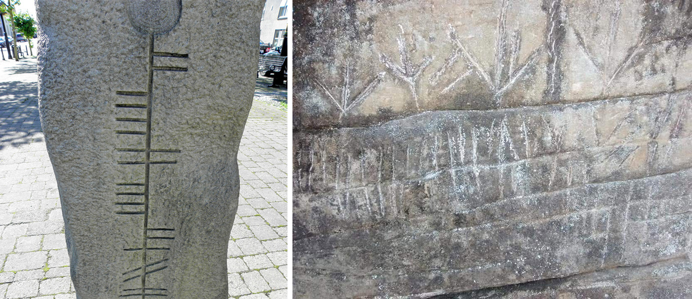 Two photographs side by side. On the left is a photograph of a stone with a vertical line carved on it, with many short horizontal lines projecting from one side or the other or crossing the vertical line. On the right is a photograph of carvings on a cave that also feature short lines.