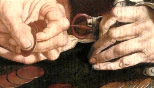 Painting shows hands of two people counting coins on table.