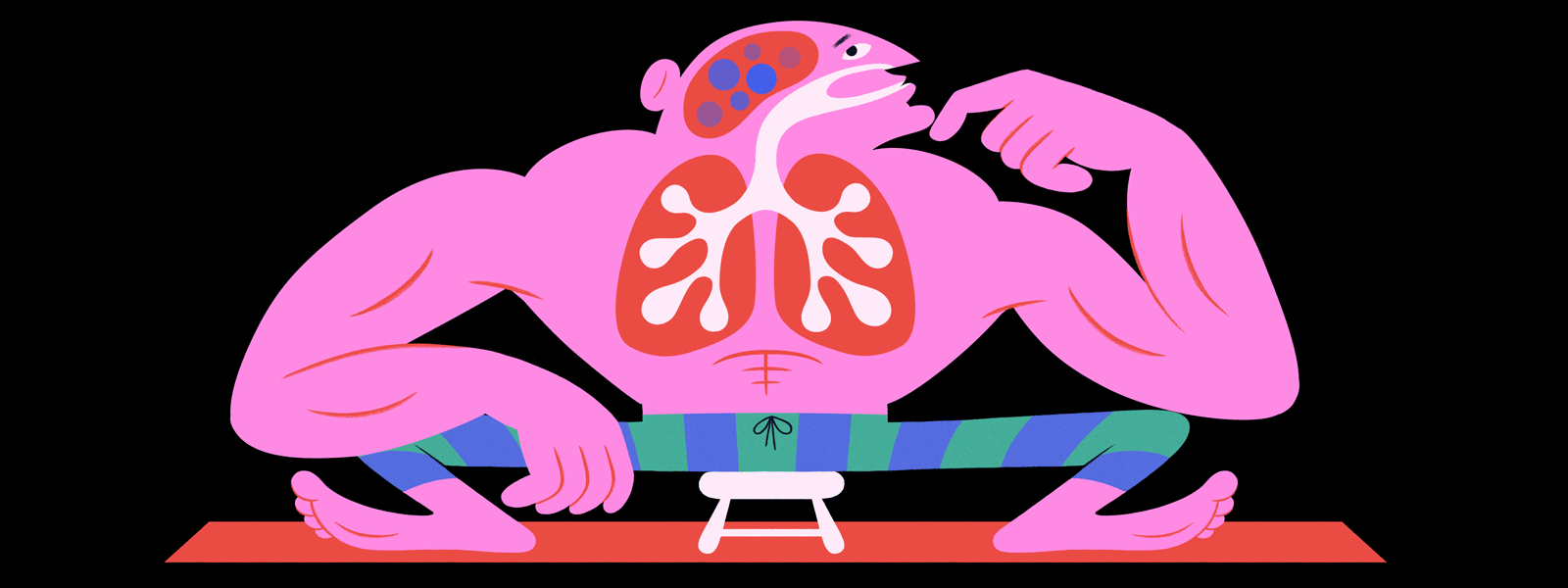 A cartoon of a man sitting on a chair. He is breathing in and out. You can see his lungs expand and contract.