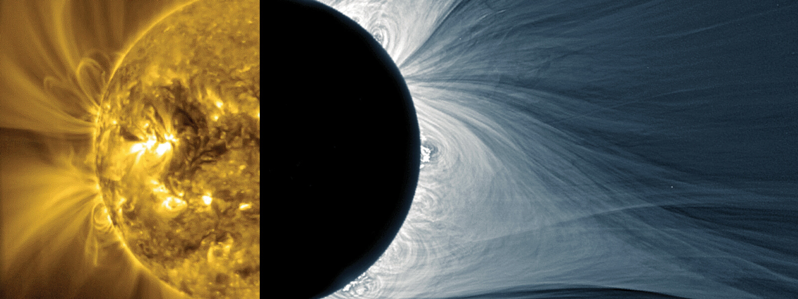 Image shows a view of the sun and its corona. Half of the image is taken in UV light. The right half of the image shows the sun in visible light during an eclipse, when its corona can be easily seen.