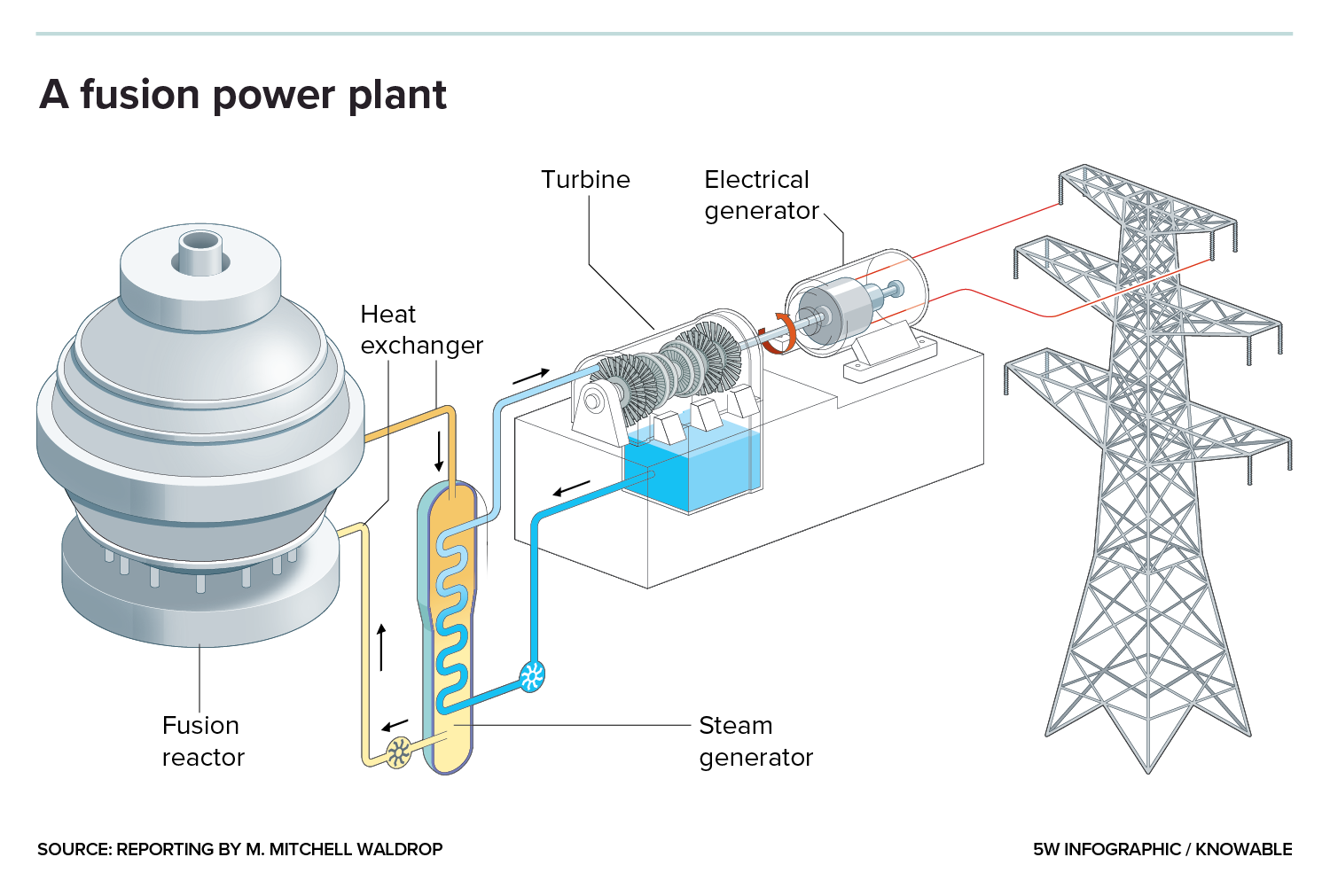 Graphic of a fusion reactor connected a steam generator and turbine that’s connected to a utility pole in the electrical grid.