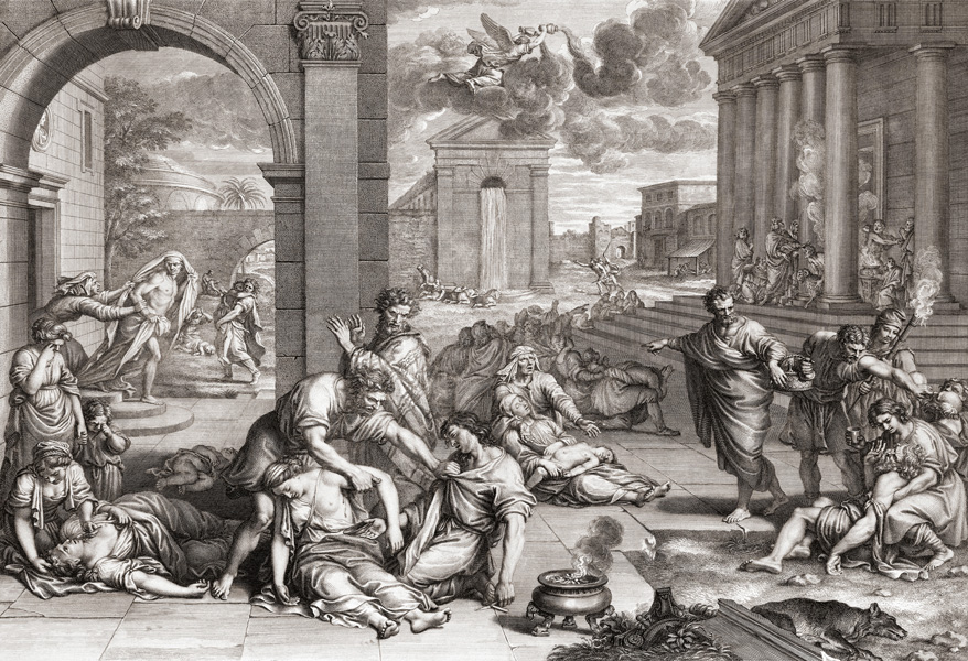 Engraving shows imaginary city ravaged by the bubonic plague, with people collapsed and dying, from a 17th century artist, based on an earlier work by Pierre Mignard.