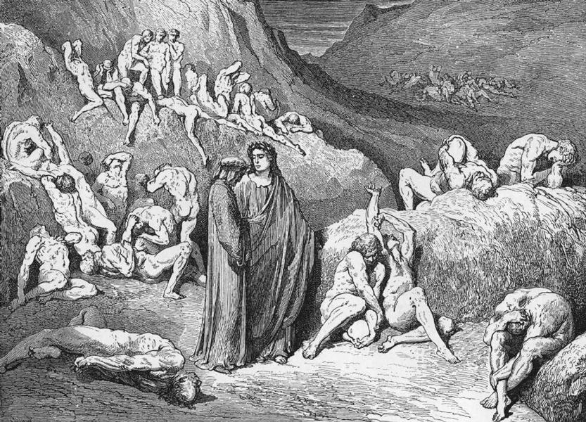 Illustration in black-and-white of Dante and Virgil standing in the eighth circle of Hell with souls sprawled around them scratching themselves.
