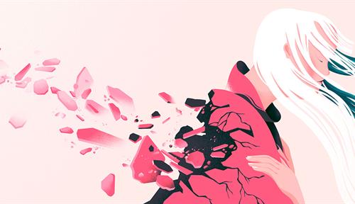Ilustración de una mujer triste. Su dolor la está haciendo romperse, perdiendo partes de sí misma.