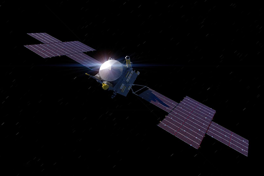 Illustration depicts the Psyche spacecraft in flight, with large solar arrays spread out on either side of the central chassis.