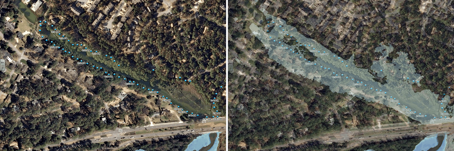 Two aerial-view modeling images of the same site near to a creek. There is extensive flooding in the image of the right.