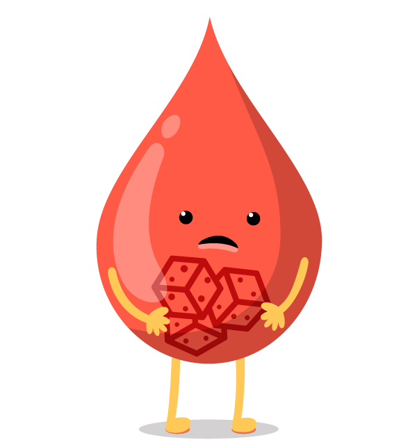 A cartoon of a personified blood droplet, with rolling dice visible within it, standing over a list of risk factors for prediabetes.