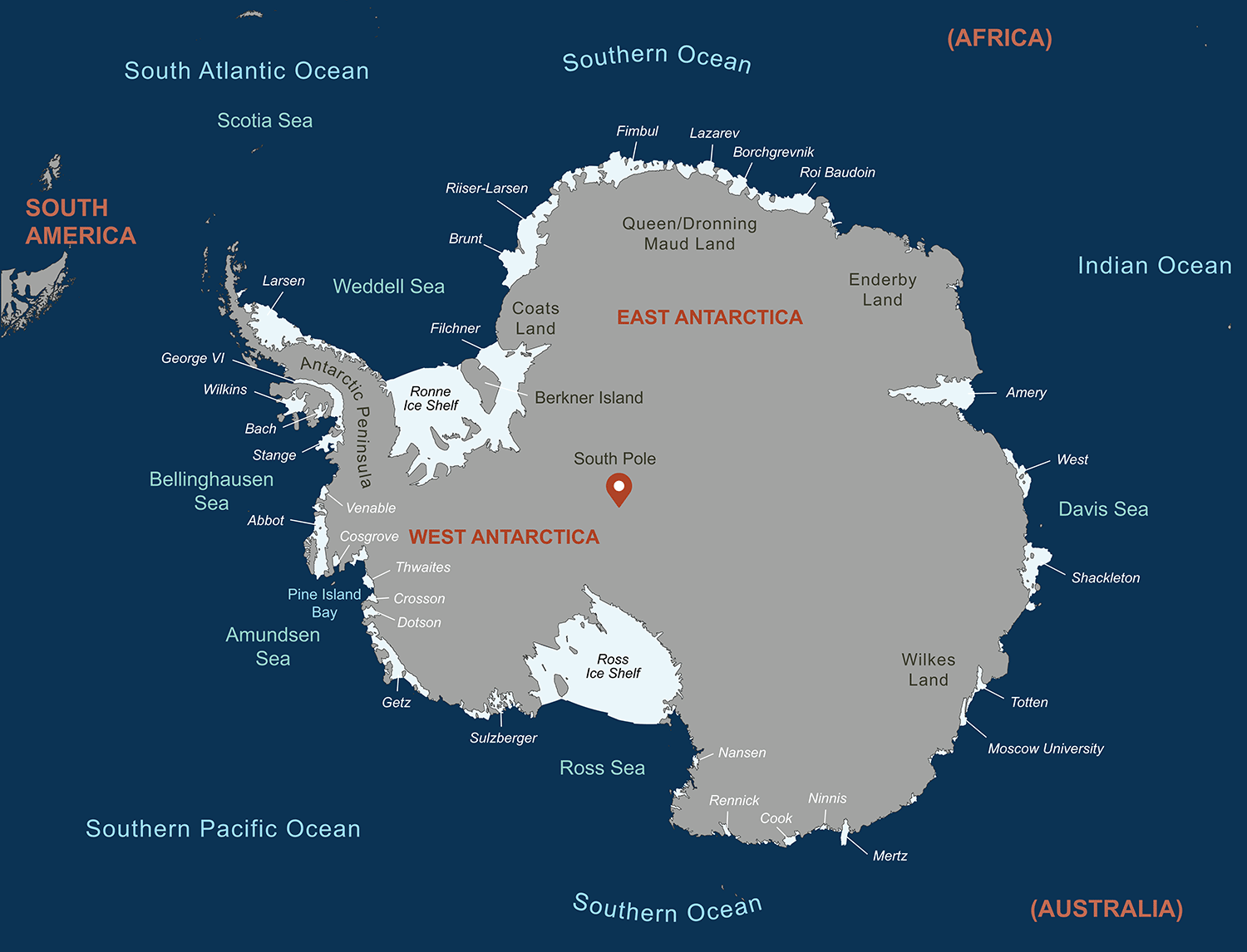 Map of Antarctica showing location of many ice shelves.