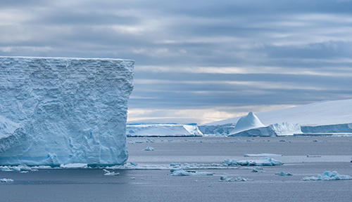 A vast cliff of ice towers over open water, with icebergs and glaciers in the background near the Ross Ice Shelf in Antarctica.