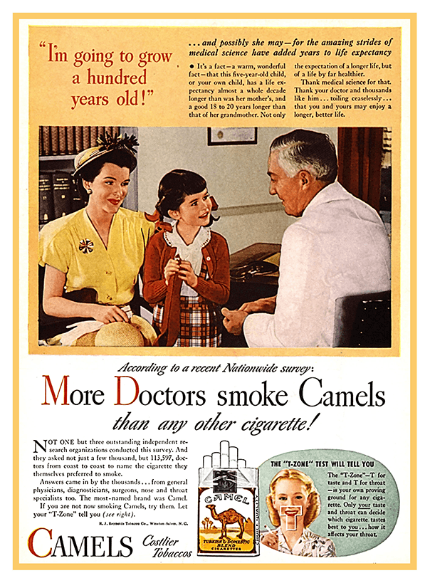 Old advertising poster shows a doctor talking to a young girl and her mother, ad text encourages people to smoke Camel brand cigarettes.