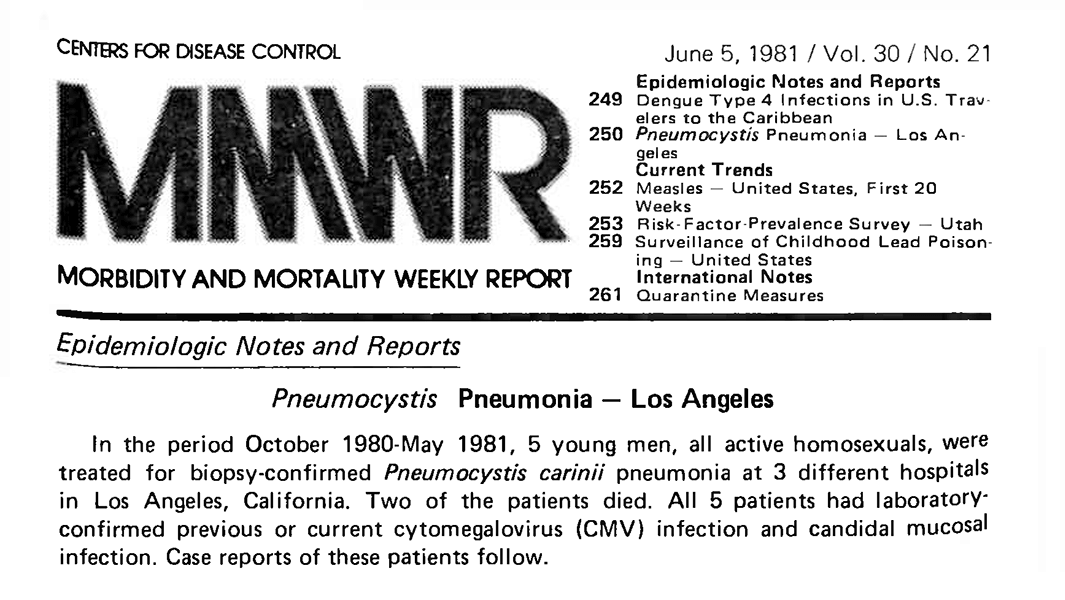 Text from the 1981 CDC report describing five young gay men in Los Angeles who were treated for pneumonia, three of whom died, of what later would be known as AIDS.