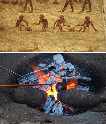 Two photos. The one of at the top shows four people in groups of two sitting around two fires blowing into the fires. The bottom is a photo of a small hot fire with pipes seen going into it.