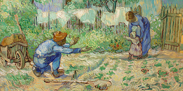 An impressionist painting showing a father crouched down, with arms outstretched, as a toddler attempts to walk toward him.