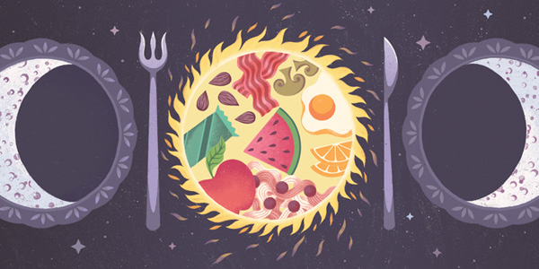 Conceptual illustration shows three dinner plates, two at night with crescent moons are empty, representing a nightly fast, and a third with a sun theme, full of food and representing the benefits of 