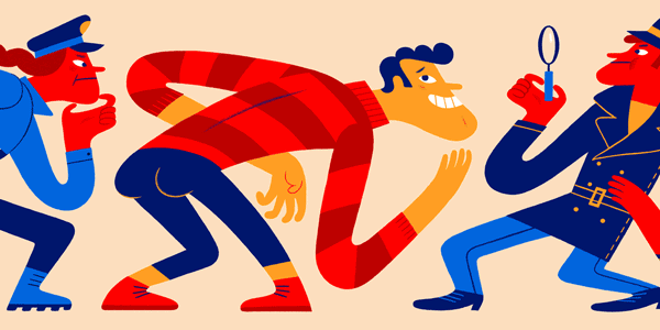 Cartoon illustration of two police officers looking suspiciously at a man in a striped shirt who is shrugging, blinking and smiling nervously.