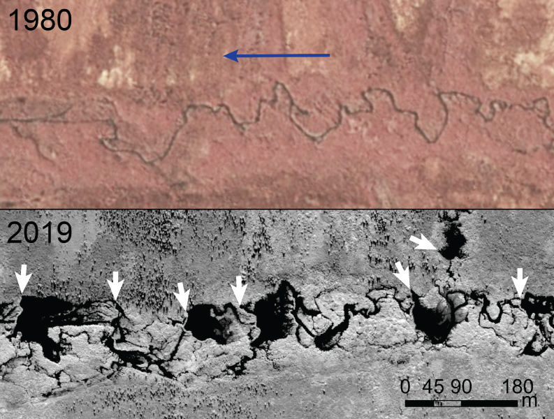 Two images of a tundra stream. The top one is an aerial image from 1980; the bottom one is a satellite image from 2019. The bottom one has many ponds in it.