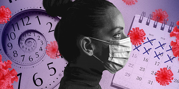 Conceptual illustration shows an image of a woman wearing a surgical mask with symbols of time passing without relief, as well as red blobs that look like virus particles.