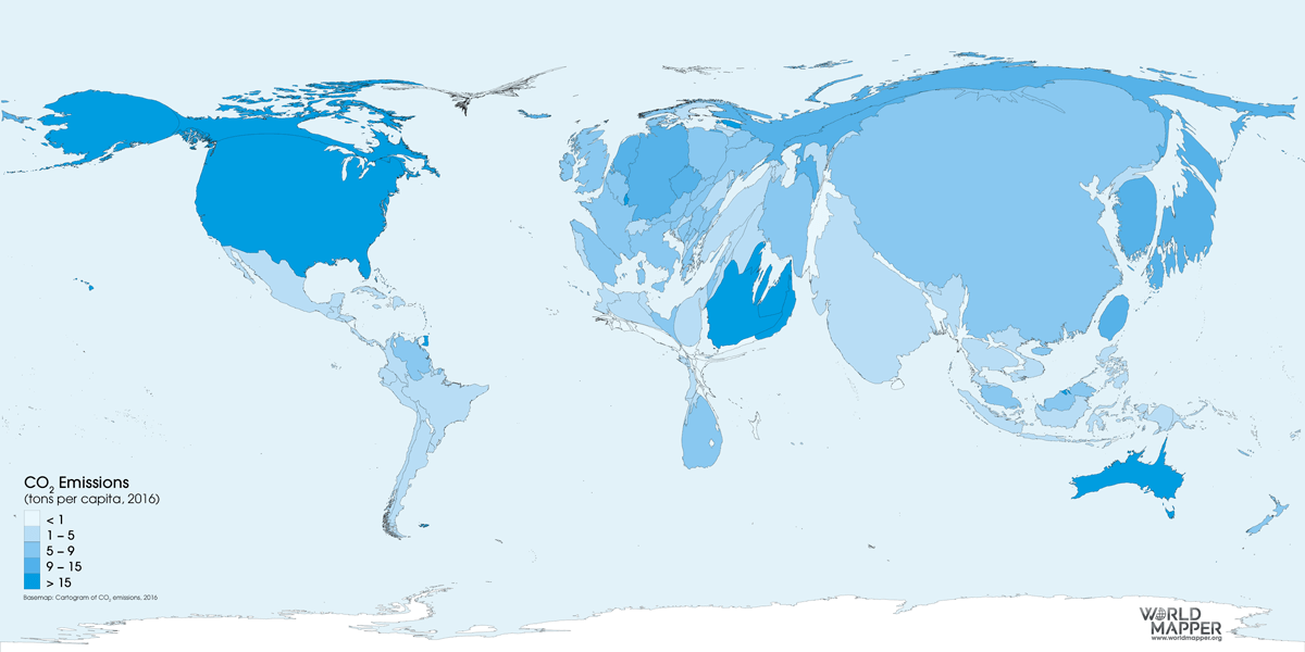 A map has been distorted to reflect each nation’s per capita carbon dioxide emission.