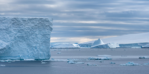 A vast cliff of ice towers over open water, with icebergs and glaciers in the background near the Ross Ice Shelf in Antarctica