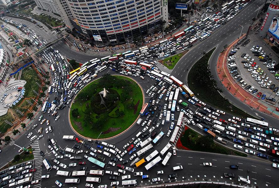 Aerial photo of traffic jam in Xiamen, China