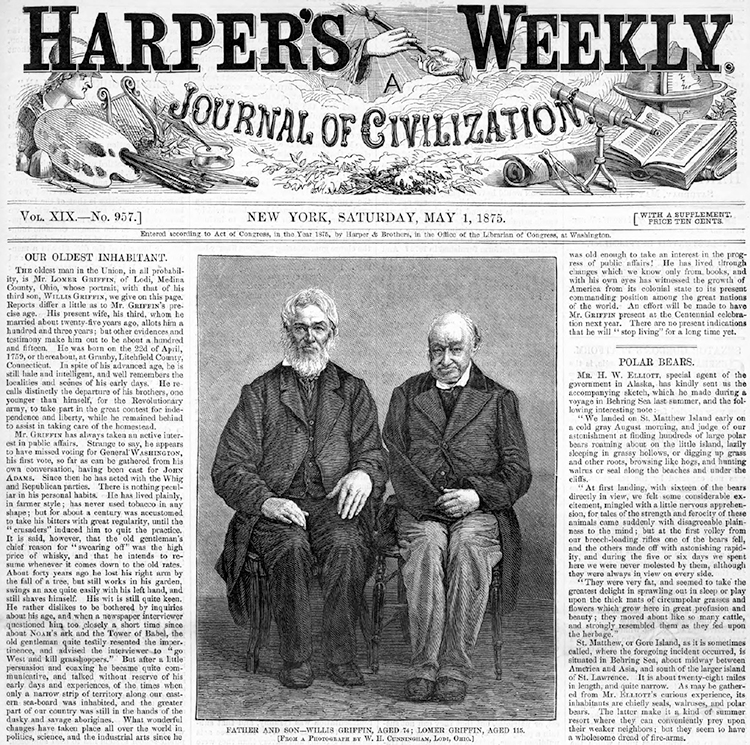 Reproduction of the front page of Harper’s Weekly magazine dated May 1, 1875, shows a black-and-white photo of Lomer Griffin, aged 116, and his son Willis Griffin, aged 74, illustrating an article about.