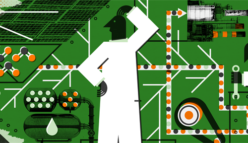 Conceptual illustration of scientists studying photosynthesis.