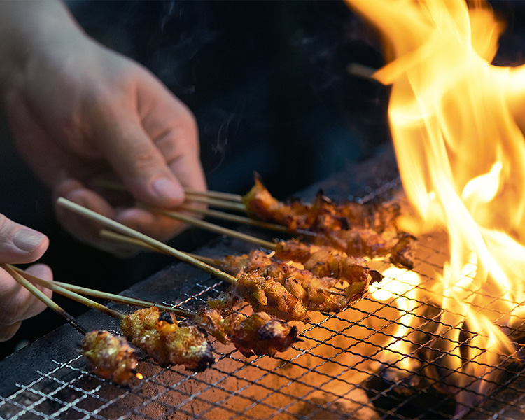 Pieces of chicken meat on skewers are grilled over a fire.