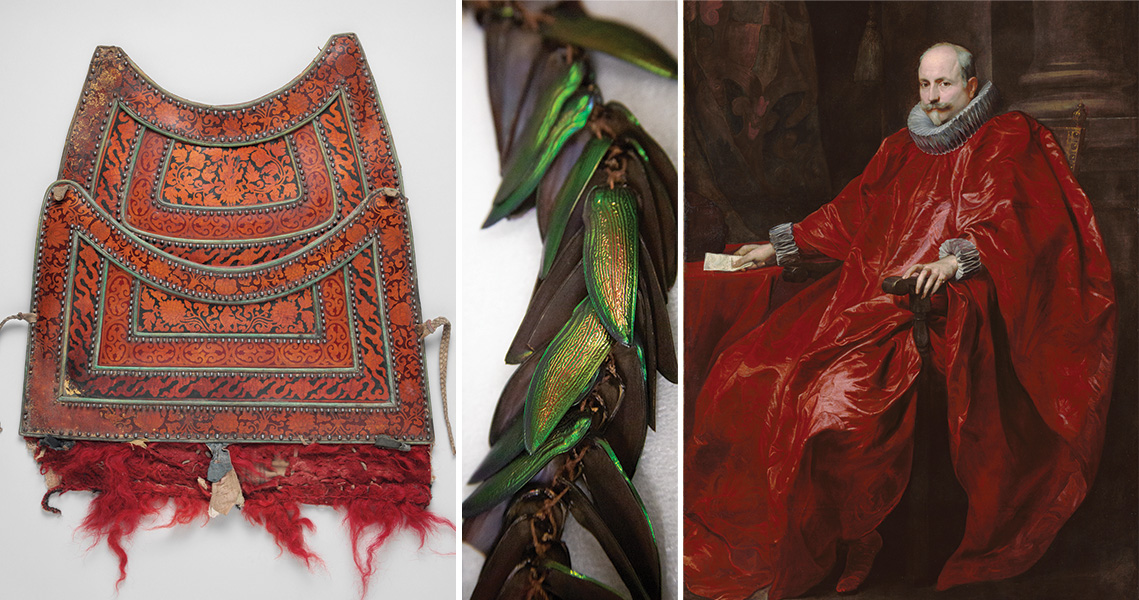 Three images show examples of insect parts or products incorporated into a Tibetan artifact with a shiny, red surface; leaf-shaped, iridescent wing parts linked on a small chain; and an oil painting, Portrait of Agostino Pallavicini, from 1621 that shows a man sitting and wearing a vibrant red robe.