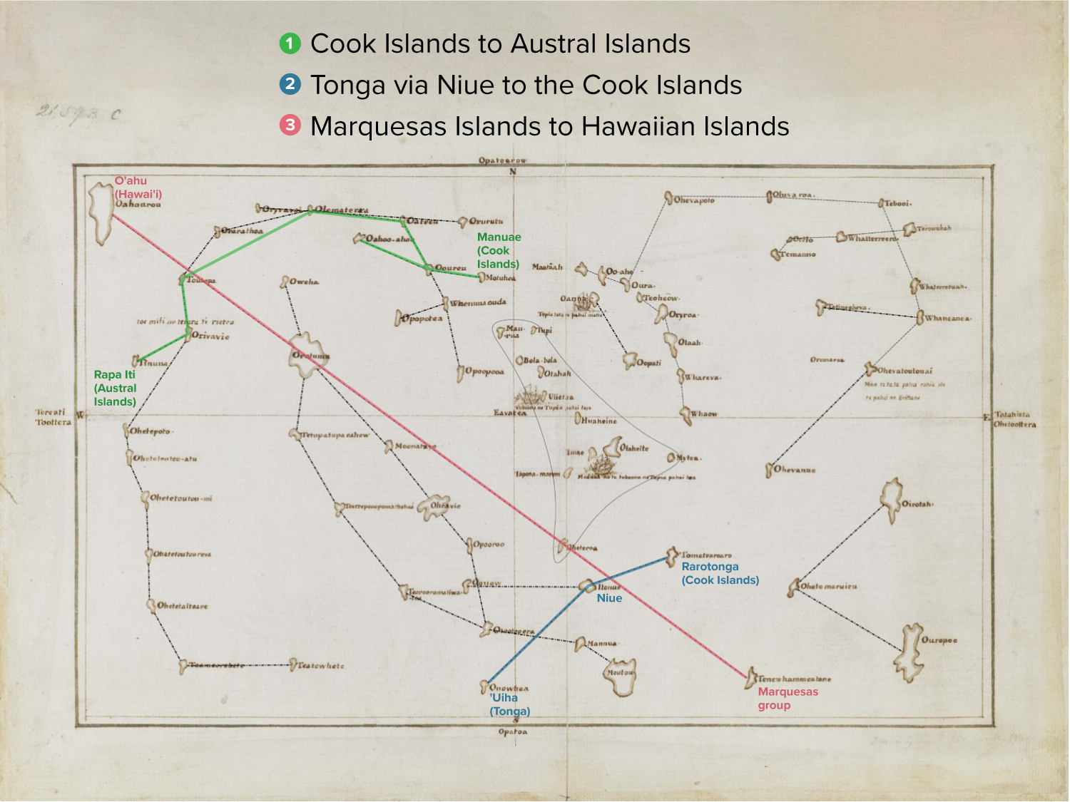 A marked-up version of Tupaia’s map suggests three specific routes: From the Marquesas to Hawai‘i; from Tonga to the Cook Islands; and the Cook Islands to the Austral Islands.