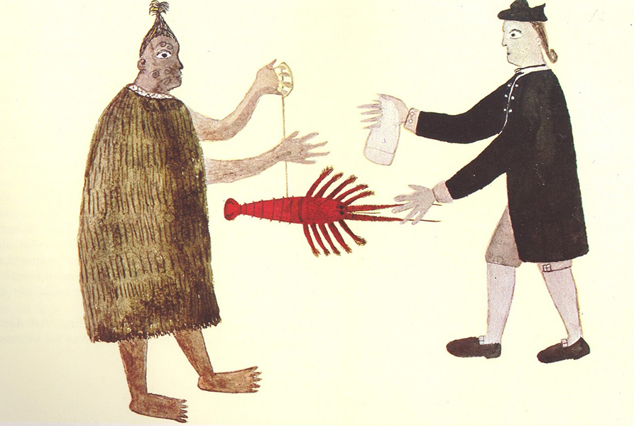 Historic drawing shows a Māori man, barefoot and in a brown robe, offering a large red rock lobster in exchange for a piece of white cloth from an English man wearing a long coat, long socks, shoes and a hat.