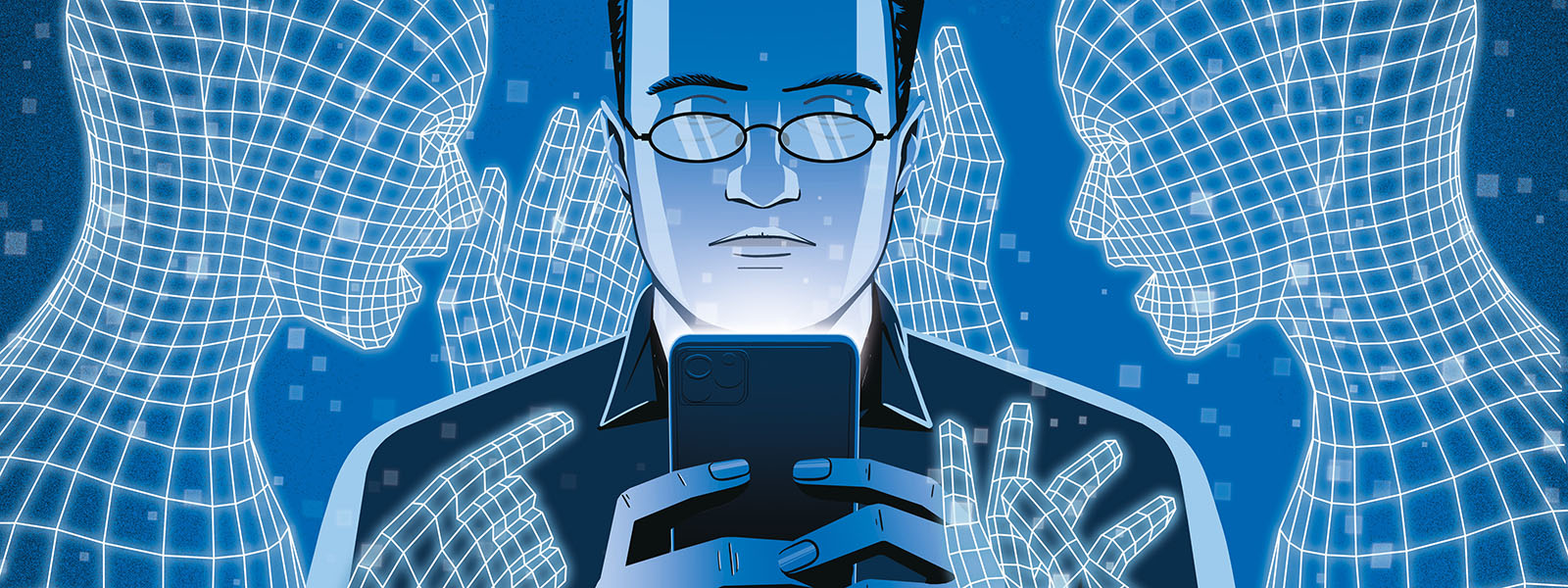 Illustration shows a man reading on his phone under the watchful eyes and guidance of two virtual beings.