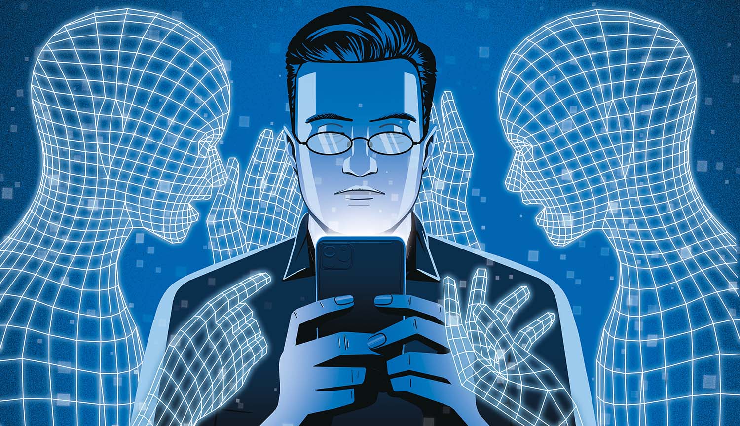 Illustration shows a man reading on his phone under the watchful eyes and guidance of two virtual beings.
